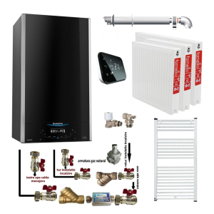 Pachet apartament cu 2 camere centrala murala in condensare Ariston Alteas One Net 24, 24 kw, Interfata cu ecran tactil, termostat Salus IT 500, kit de evacuare inclus, calorifere otel, kit armaturi centrala, robineti calorifere