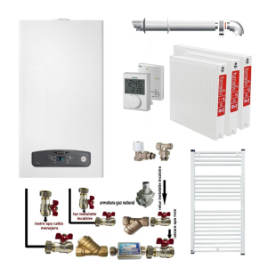 Pachet apartament cu 2 camere, centrala termica in condensatie Ariston Cares S 24 kW, kit evacuare inclus, termostat, calorifere otel, kit armaturi centrala, robineti calorifer