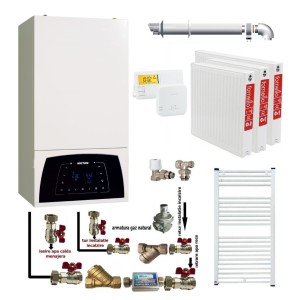 Pachet apartament cu 2 camere, centrala termica Motan Condens Plus 100 25 kW, condensatie, termostat, kit evacuare inclus, calorifere otel, kit armaturi centrala, robineti calorifer