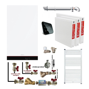 Pachet apartament cu 2 camere, centrala termica murala cu condensare Viessmann Vitodens 050-W tip B0KA 25 kW, termostat Salus IT 500, kit evacuare inclus, calorifere otel, kit armaturi centrala, robineti calorifer