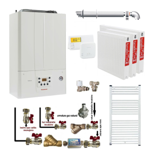 Pachet apartament cu 2 camere, centrala termica murala in condensare Immergas Victrix TERA 24/28 1 ErP, Gaz, 24 kW, kit evacuare inclus, termostat, calorifere otel, kit armaturi centrala, robineti calorifere