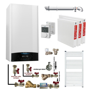 Pachet apartament cu 2 camere, centrala termica murala in condensare Ariston Genus One+ 24, Gaz, 24 kW, kit de evacuare inclus, termostat, calorifere otel, kit armaturi centrala, robineti calorifere