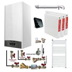 Pachet apartament cu 2 camere, centrala termica murala in condensare Ariston CLAS ONE+ WI-FI 24, Gaz, 24 kW, Termostat Salus IT 500, kit de evacuare inclus, calorifere otel, kit armaturi