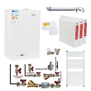 Pachet apartament cu 2 camere, centrala termica pe gaz conventionala MOTAN KPLUS 24, kit evacuare inclus, termostat, calorifere otel, kit armaturi centrala, robineti calorifer