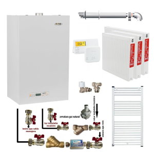 Pachet apartament cu 2 camere, centrala termica pe gaz conventionala MOTAN SIGMA 24 kw Erp, kit evacuare inclus, termostat, calorifere otel, kit armaturi centrala, robineti calorifer