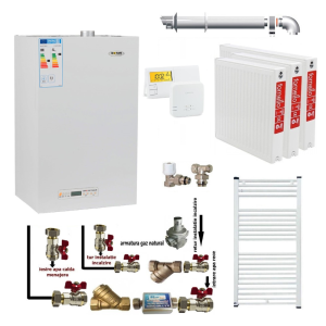 Pachet apartament cu 2 camere, centrala termica pe gaz conventionala MOTAN MaxOPTIMUS 31 KW, termostat, tiraj fortat, kit evacuare inclus, calorifere otel, kit armaturi centrala, robineti calorifer