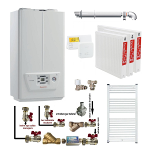 Pachet apartament cu 2 camere, centrala termica pe gaz in condensare IMMERGAS VICTRIX OMNIA 25, kit evacuare inclus, termostat, calorifere otel, kit armaturi centrala, robineti calorifere