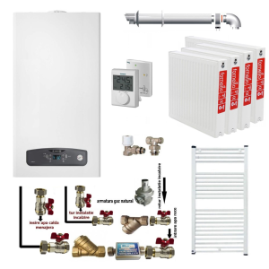 Pachet apartament cu 3 camere, centrala termica in condensatie Ariston Cares S 24 kW, kit evacuare inclus, termostat, calorifere otel, kit armaturi centrala, robineti calorifer