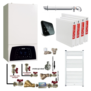 Pachet apartament cu 3 camere, centrala termica Motan Condens Plus 100 25 kW, condensatie, termostat Salus IT 500, kit evacuare inclus, calorifere otel, kit armaturi centrala, robineti calorifer