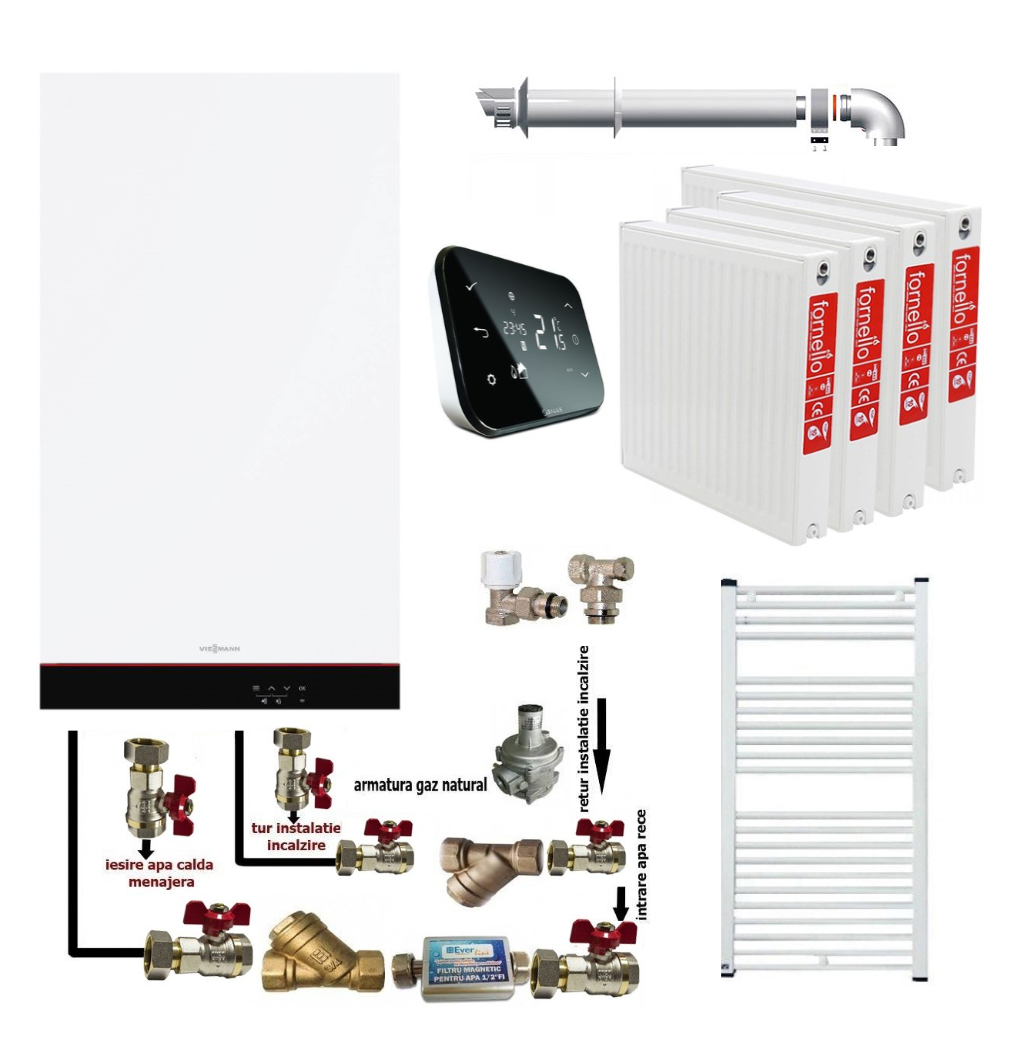 Pachet apartament cu 3 camere, centrala termica murala cu condensare Viessmann Vitodens 050-W tip B0KA 19 kW, termostat Salus IT 500, kit evacuare inclus, calorifere otel, kit armaturi centrala, robineti calorifere