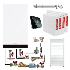 Pachet apartament cu 3 camere, centrala termica murala cu condensare Viessmann Vitodens 050-W tip B0KA 25 kW, termostat Salus IT 500, kit evacuare inclus, calorifere otel, kit armaturi centrala, robineti calorifer