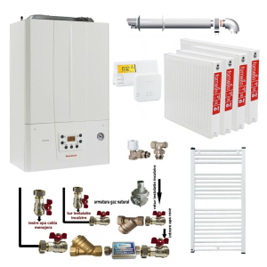 Pachet apartament cu 3 camere, centrala termica murala in condensare Immergas Victrix TERA 24/28 1 ErP, Gaz, kit evacuare inclus, termostat, calorifere otel, kit armaturi centrala, robineti calorifere