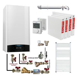 Pachet apartament cu 3 camere, centrala termica murala in condensare Ariston Genus One+ 24, Gaz, 24 kW, kit de evacuare inclus, termostat, calorifere otel, kit armaturi centrala, robineti calorifere