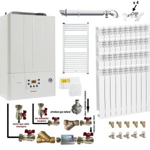 Pachet apartament cu 3 camere, centrala termica murala in condensare Immergas Victrix TERA 24/28 1 ErP, 24 kW, termostat, kit evacuare inclus, calorifere aluminiu, kit armaturi centrala si robineti