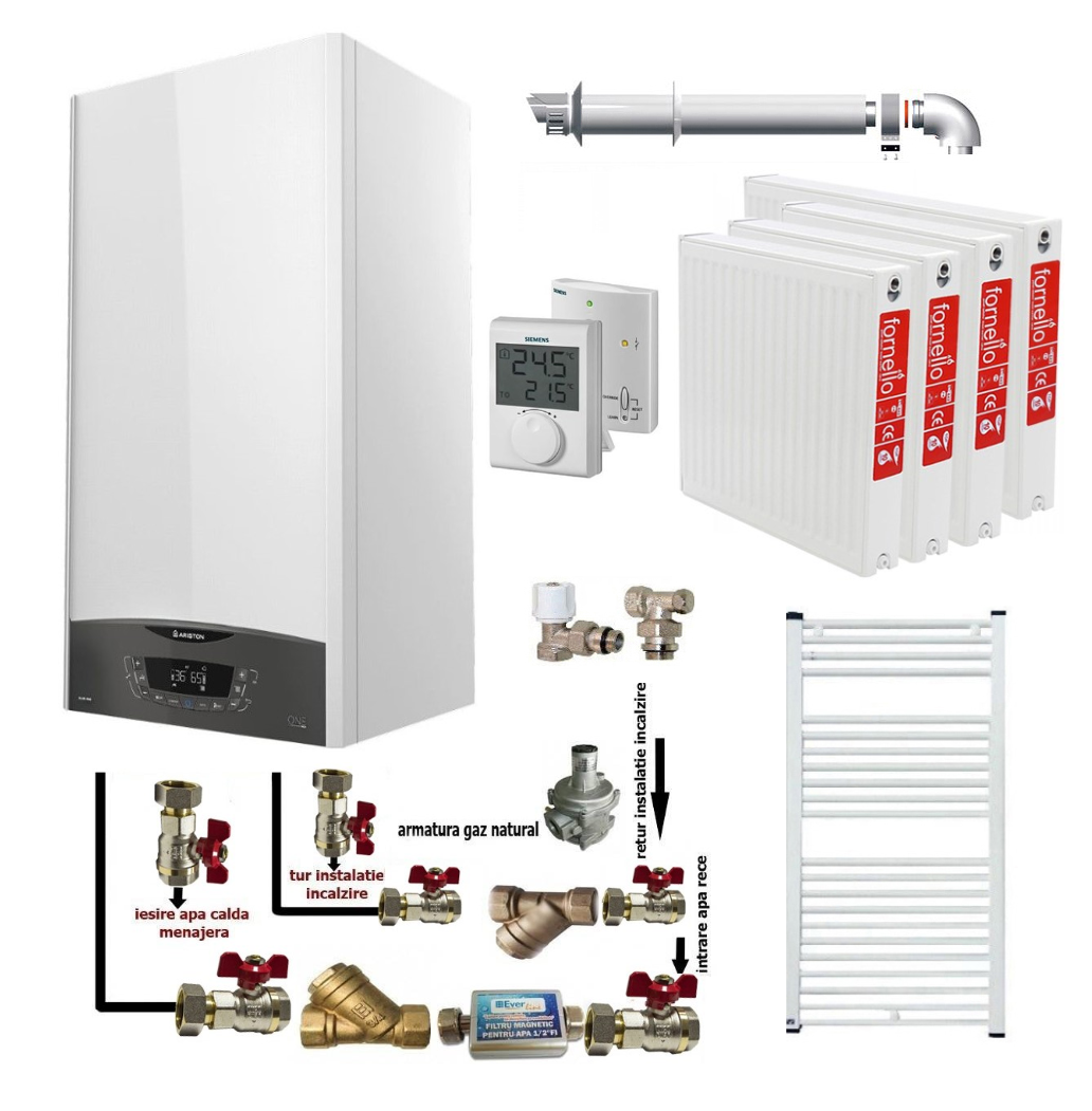 Pachet apartament cu 3 camere, centrala termica murala in condensare Ariston CLAS ONE+ WI-FI 24, Gaz, termostat, 24 kW, Doua schimbatoare de caldura, Display digital, schimbator primar inox, kit de evacuare inclus, calorifere otel, kit armaturi