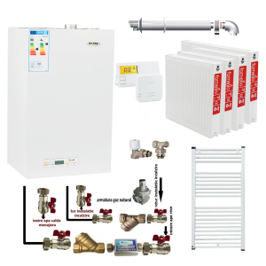 Pachet apartament cu 3 camere, centrala termica pe gaz conventionala MOTAN KPLUS 24, kit evacuare inclus, termostat, calorifere otel, kit armaturi centrala, robineti calorifer