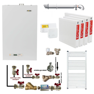 Pachet apartament cu 3 camere, centrala termica pe gaz conventionala MOTAN SIGMA 24 kw Erp, termostat, kit evacuare inclus, calorifere otel, kit armaturi centrala, robineti calorifer