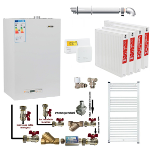 Pachet apartament cu 3 camere, centrala termica pe gaz conventionala MOTAN MaxOPTIMUS 31 KW, termostat, kit evacuare inclus, calorifere otel, kit armaturi centrala, robineti calorifer