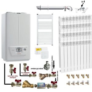 Pachet apartament cu 3 camere, centrala termica pe gaz in condensare IMMERGAS VICTRIX OMNIA 25, termostat, kit evacuare inclus, calorifere aluminiu, kit armaturi centrala, robineti calorifere