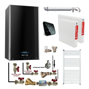 Pachet apartament cu o camera, centrala murala in condensare Ariston Alteas One Net 24, 24 kw, termostat Salus IT 500, Interfata cu ecran tactil, kit de evacuare inclus, calorifere otel, kit armaturi centrala, robineti calorifere