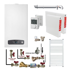 Pachet apartament cu o camera, centrala termica in condensatie Ariston Cares S 24 kW, kit evacuare inclus, termostat, calorifere otel, kit armaturi centrala, robineti calorifer