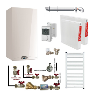 Pachet apartament cu o camera, centrala termica in condensatie Ariston HS Premium EU2 24, kit evacuare inclus, termostat, calorifere otel, kit armaturi centrala, robineti calorifer