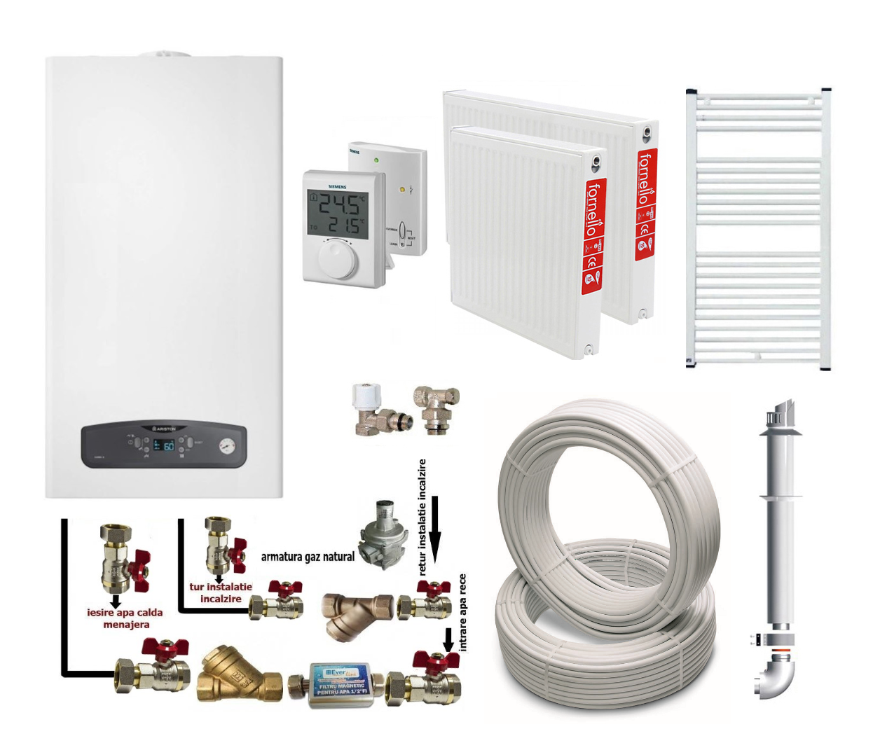 Pachet apartament cu o camera, centrala termica in condensatie Ariston Cares S 24 kW, kit evacuare inclus, termostat, teava hidronix, calorifere otel, kit armaturi centrala, robineti calorifer