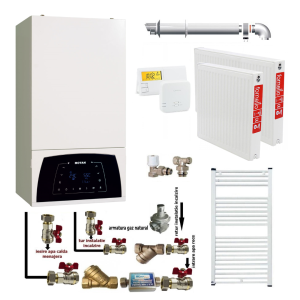 Pachet apartament cu o camera, centrala termica Motan Condens Plus 100 25 kW, condensatie, hidrobloc bronz, raport modulare 1:10, termostat, kit evacuare inclus, calorifere otel, kit armaturi centrala, robineti calorifer