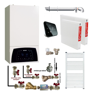 Pachet apartament cu o camera, centrala termica Motan Condens Plus 100 25 kW, condensatie, hidrobloc bronz, raport modulare 1:10, termostat Salus IT 500, kit evacuare inclus, calorifere otel, kit armaturi centrala, robineti calorifer