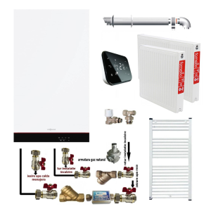 Pachet apartament cu o camera, centrala termica murala cu condensare Viessmann Vitodens 050-W tip B0KA 19 kW, termostat Salus IT 500, kit evacuare inclus, calorifere otel, kit armaturi centrala, robineti calorifer