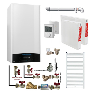 Pachet apartament cu o camera, centrala termica murala in condensare Ariston Genus One+ 24, Gaz, 24 kW, kit de evacuare inclus, termostat, calorifere otel, kit armaturi centrala, robineti calorifere
