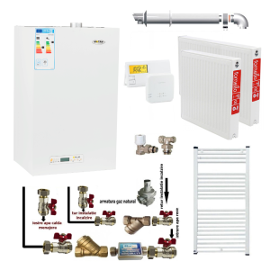 Pachet apartament cu o camera, centrala termica pe gaz conventionala MOTAN KPLUS 24, kit evacuare inclus, termostat calorifere otel, kit armaturi centrala, robineti calorifer