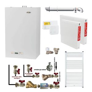 Pachet apartament cu o camera, centrala termica pe gaz conventionala MOTAN SIGMA 24 kw Erp, grup hidraulic compozit, kit evacuare inclus, termostat, calorifere otel, kit armaturi centrala, robineti calorifer