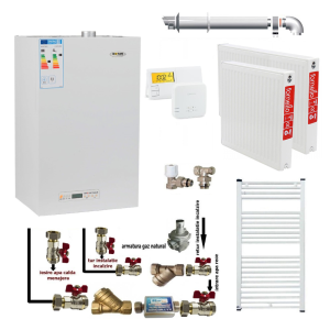 Pachet apartament cu o camera, centrala termica pe gaz conventionala MOTAN MaxOPTIMUS 31 KW, kit evacuare inclus, termostat, calorifere otel, kit armaturi centrala, robineti calorifer