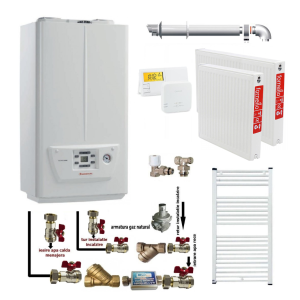 Pachet apartament cu o camera, centrala termica pe gaz in condensare IMMERGAS VICTRIX OMNIA 25, kit evacuare inclus, termostat, calorifere otel, kit armaturi centrala, robineti calorifere