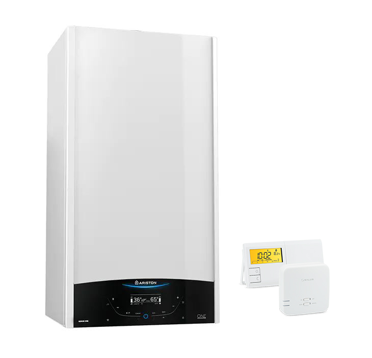 Pachet economic centrala termica in condensare Ariston Genus One+ 24 EU 24 kW, kit evacuare gaze arse Ariston si Termostat Radio Comanda Salus 091FLRFV2 incluse