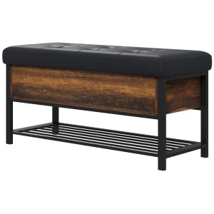 HOMCOM Banca de Pantofi cu Capac Rabatabil, Bancheta Tapitata pentru Intrare cu Compartiment Ascuns si Raft Inferior pentru Hol, Maro Rustic