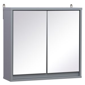 Dulapior de Baie de Perete cu Usa Dubla din Sticla cu Raft Reglabil, Gri,48x14.5x45cm HOMCOM | Aosom Romania