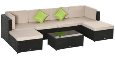 Outsunny Set Living de Exterior 7 Piese din Rattan PE Canapea Pufuri și Masă de Cafea Design Contemporan Negru Kaki | Aosom Romania
