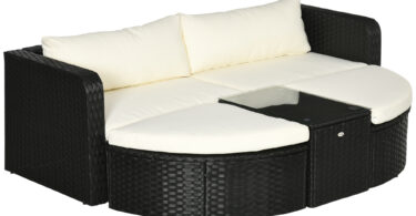 Set Mobilier Grădină Ratan 5 Piese, 2 Fotolii, Suporturi Picioare, Măsuță Sticlă, Negru | Aosom Romania