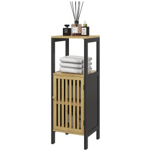HOMCOM Dulap de Depozitare Îngust, Dulap de Baie Mic din Bambus cu Compartiment Deschis și Raft Reglabil, 32x30x90.5 cm, Negru | Aosom Romania