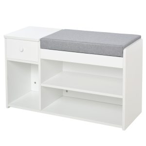 Banca pantofar cu perna, sertar si 3 compartimente deschise, mobilier din lemn pentru hol 81x31.5x49cm, alb | Aosom Romania