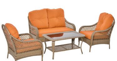 Set Mobilier de Gradina Outsunny, Ratan PE, 2 fotolii si Masa cu Perne, Kaki, Portocaliu | Aosom Romania