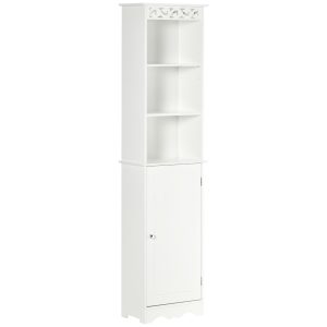 Mobila Coloana HOMCOM pentru Baie, Lemn cu Decor Sculptura Floare Alba 40x23x160cm | Aosom Romania