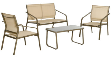 Outsunny Set Mobilier de Gradina Confortabil, 2 Scaune, 1 Canapea, 1 Masuta, Cadru Metalic, Textilen Rezistent, Kaki, Design Modern | Aosom Romania