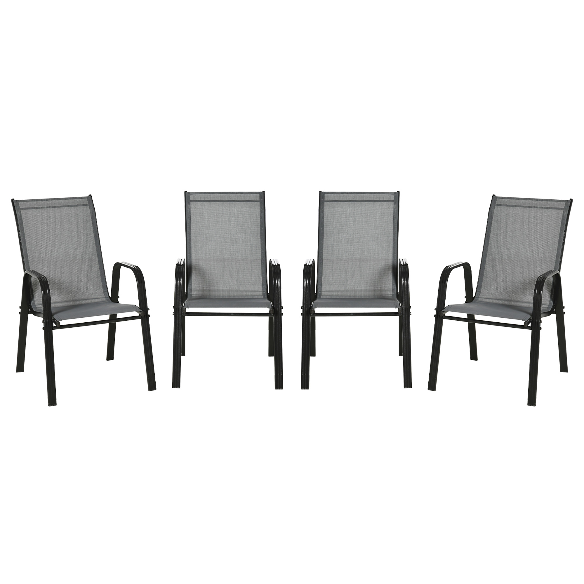 Outsunny Set de 4 Scaune de Grădină Stivuibile, Scaune de Exterior cu Cotiere din Metal și Țesătură Respirabilă, 54x75.5x95 cm, Gri | Aosom Romania