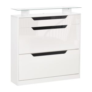 HOMCOM Suport pentru Pantofi cu 2 Sertare pentru 16 Perechi de Pantofi cu Etajeră Reglabilă și Raft din Sticlă, 89x23x96cm, Alb Lucios | Aosom Romania