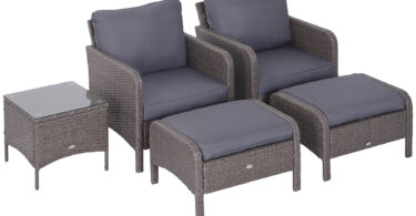 Outsunny Set Mobilier de Grădină din Ratan 5 Piese, 2 Fotolii, 2 Pouf, Măsuță de Cafea cu Sticlă, Perne Decorative, Gri | Aosom Romania