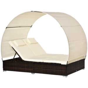 Outsunny Set Mobilier Lux Sezlong Gradina in Ratan PE cu acoperis Dublu Saltea si Spatar Recliner, 196x137x36.5acm Crem | Aosom.ro | Aosom Romania