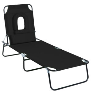 Sezlong Pliabil Outsunny cu Orificiu pentru Fata si Perne, pentru Gradina, Plaja si Camping, Negru | Aosom Romania